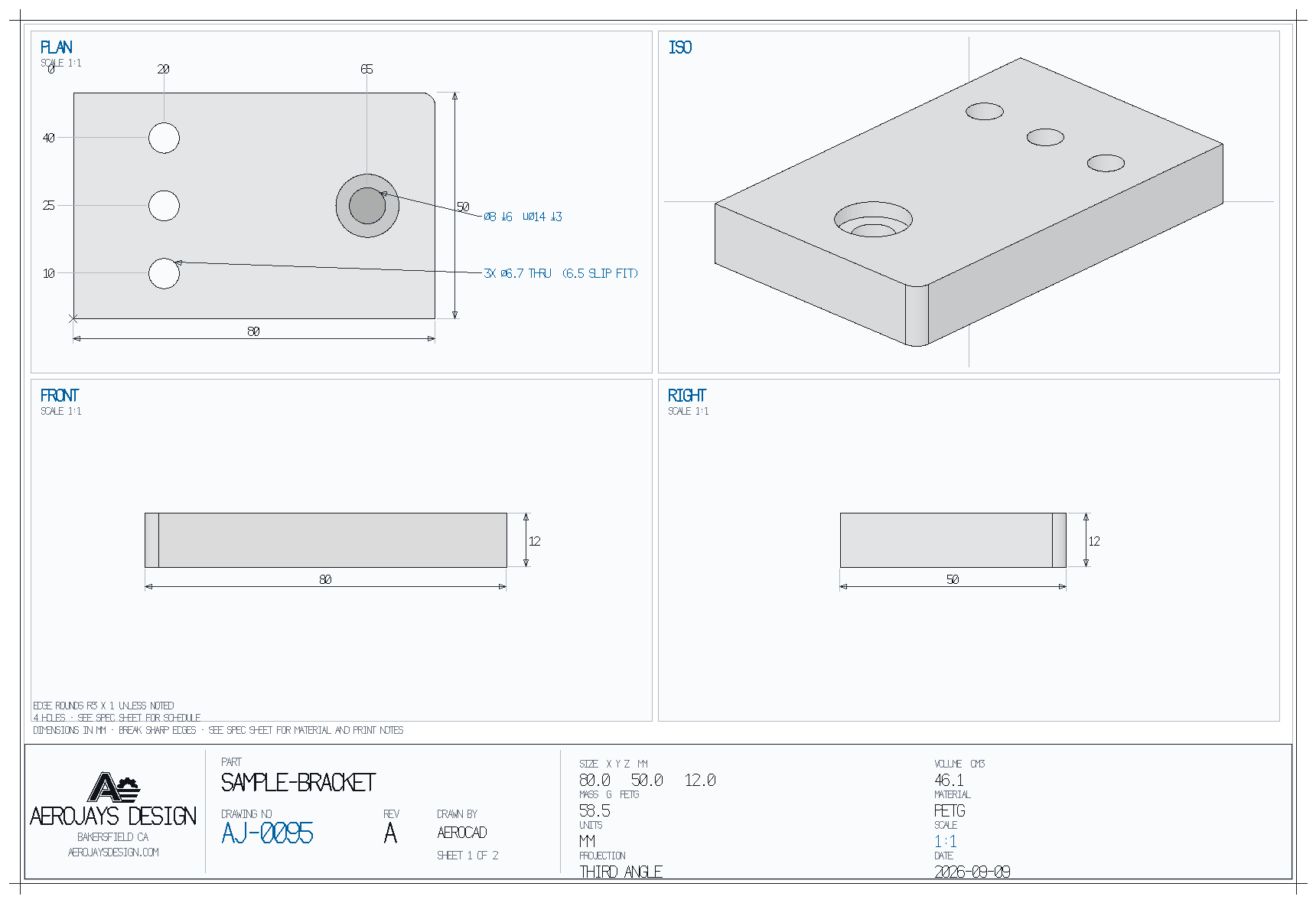Sample AeroCAD shop drawing: plan, front, right and isometric views with hole callouts and ordinate dimensions