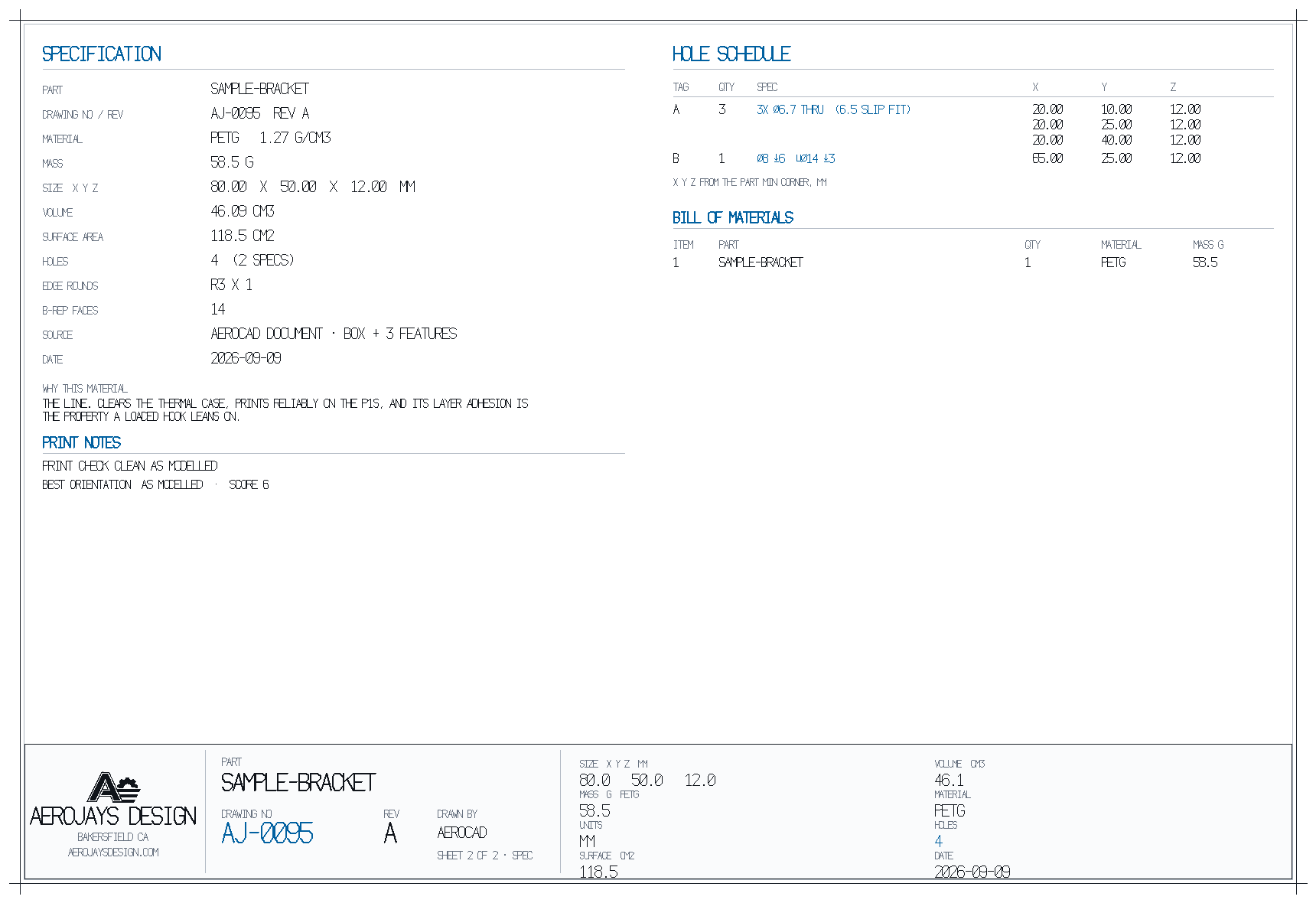 Sample AeroCAD spec sheet: material, mass, size, hole schedule with coordinates, print notes and bill of materials